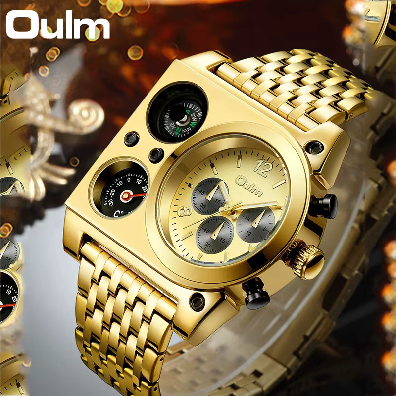 Oulm Armbanduhr Quarz, Kompass, Temperatur Display, Edelstahl, Gold, Herren - Bild 2