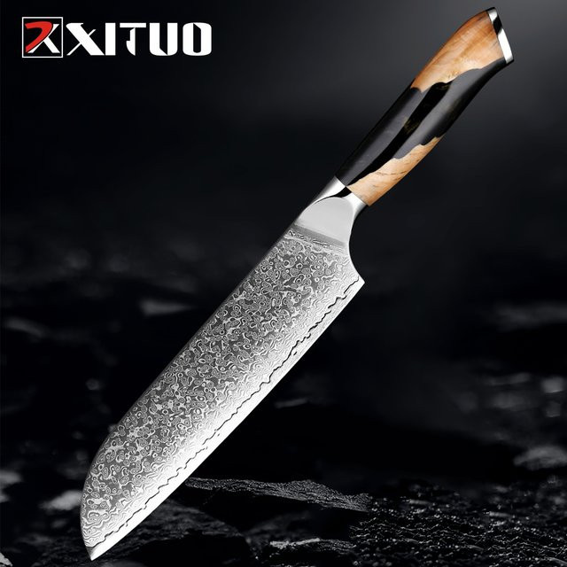 Xituo Santoku-Messer aus Damaststahl mit VG10-Klinge und Holzgriff, 17,78 cm, Mehrfarbig - Bild 1