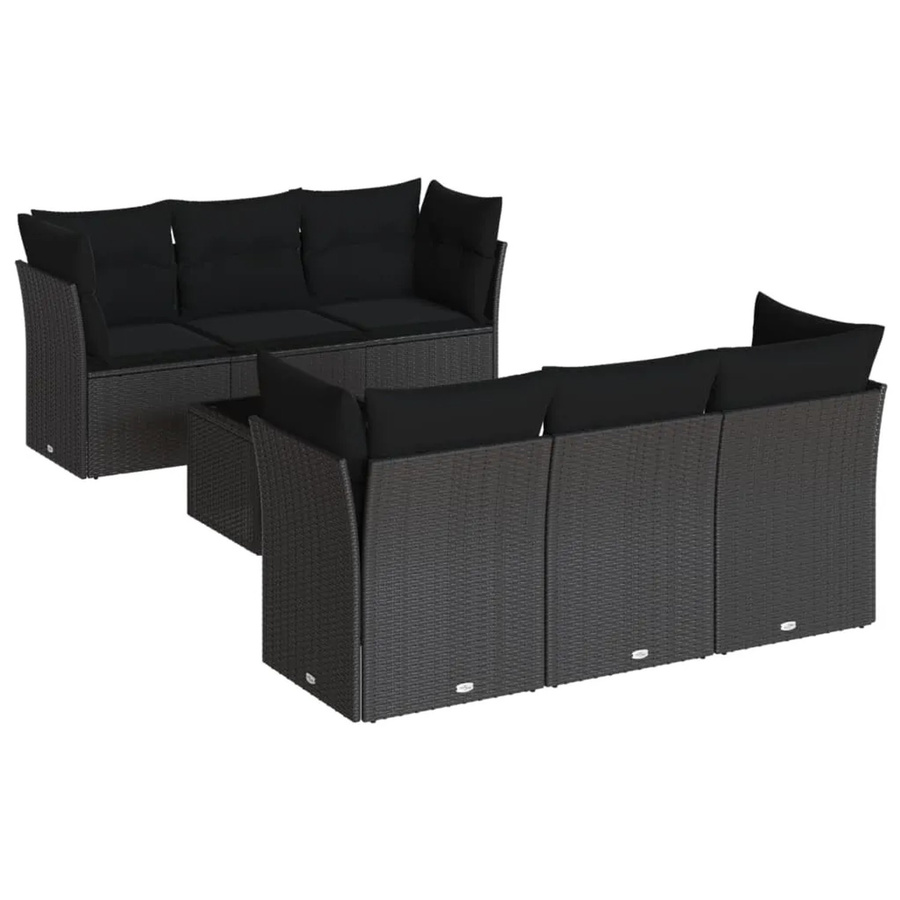 vidaXL 7-tlg Garten-Sofagarnitur in L-Form aus Polyrattan mit Kissen und Tisch, Schwarz - Bild 2
