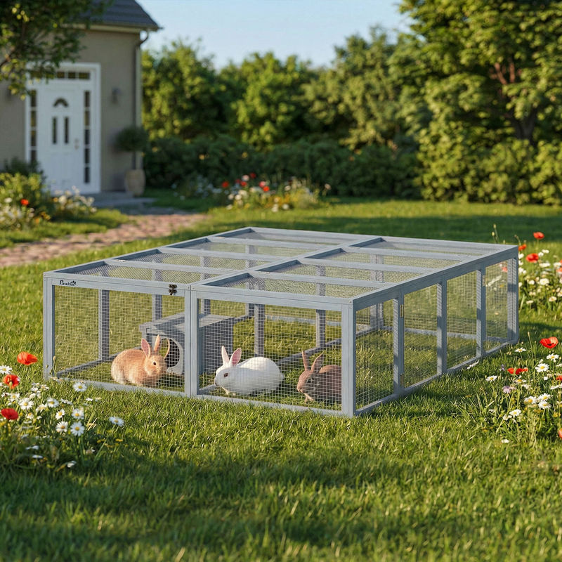 PawHut Freilaufgehege aus Holz mit Unterschlupfhaus für 2-4 Zwergkaninchen oder Meerschweinchen, Grau, B: 180,4 cm, T: 150 cm, H: 48 cm - Bild 2