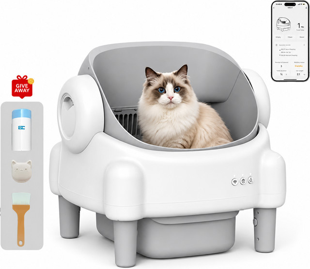 MIAOERDUO Elektrische Katzentoilette in Weiß, selbstreinigend und offen mit 76L Volumen, App-Überwachung via 2.4G WLAN, Sicherheitssensoren sowie Aromatherapie-Reinigungsbürste und Müllbeuteln - Bild 1