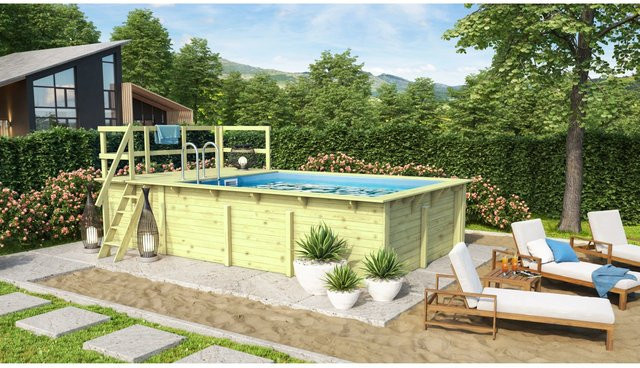 Karibu Aufstellpool Set in Blau mit Sonnenterrasse, Poolfolie, Schutzvlies und Einhängeleiter aus Massivholz - Bild 1