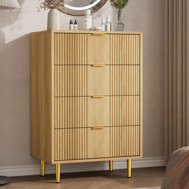 Garvee Kommode mit 4 Schubladen in natürlicher Eiche, moderne geriffelte Holzkommode für Schlafzimmer, Wohnzimmer oder Flur, Höhe: 93,7 cm - Bild 1