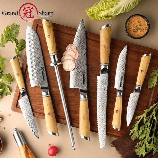 Grandsharp 7-teiliges japanisches Damastmesser-Set mit Koch-, Utility- und Brotmesser sowie Sashimi-Schneidebesteck und Luxusbox - Bild 1