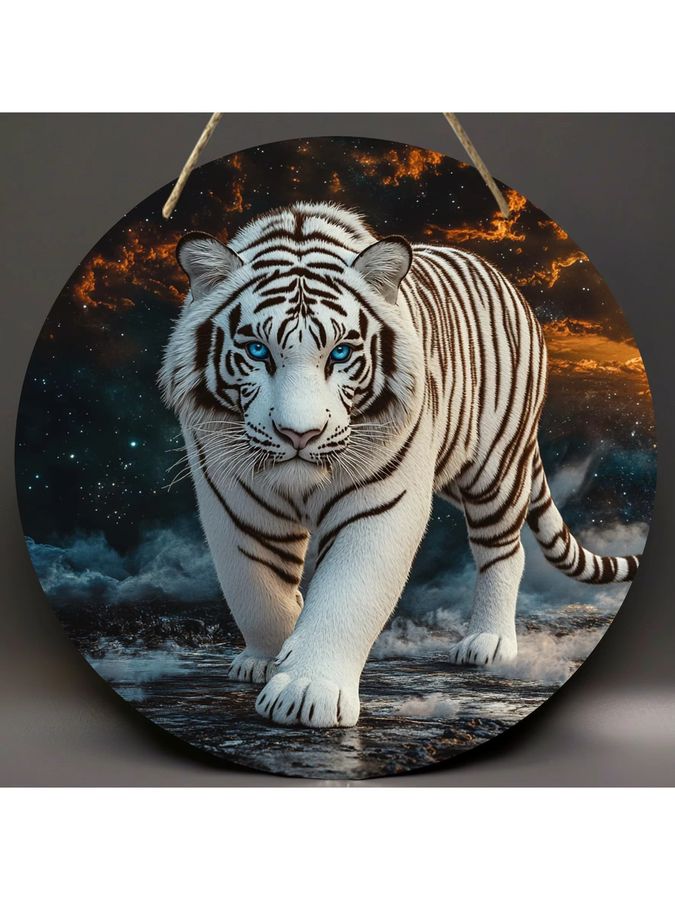 Majestic Tiger Art Rundwandkunst aus Holz mit weißem Tiger und blauen Augen im kosmischen Sternennachtdesign, Durchmesser: 20,3 cm - Bild 4