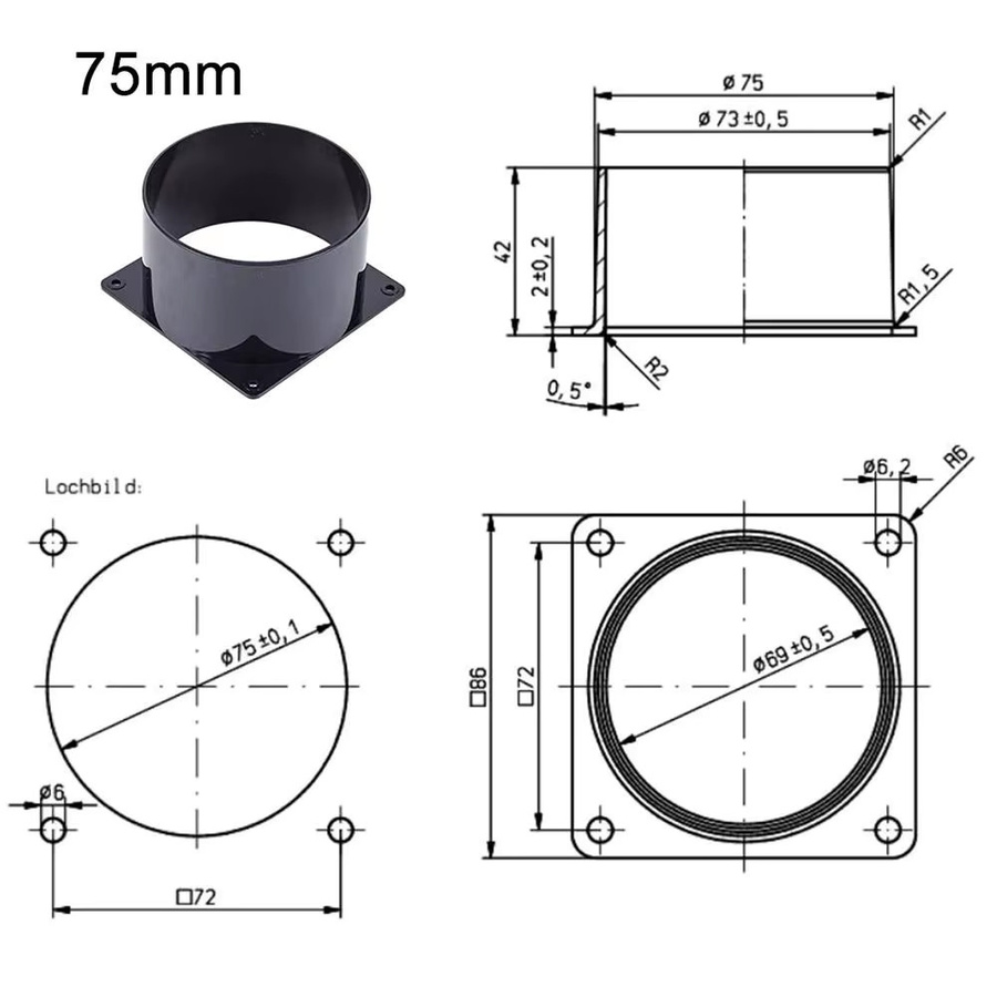 Schwarzer Flanschverbinder aus ABS-Kunststoff für Luftkanäle mit geradem Flansch und quadratischem Boden, Durchmesser: 75 mm, 100 mm, 120 mm oder 150 mm - Bild 5