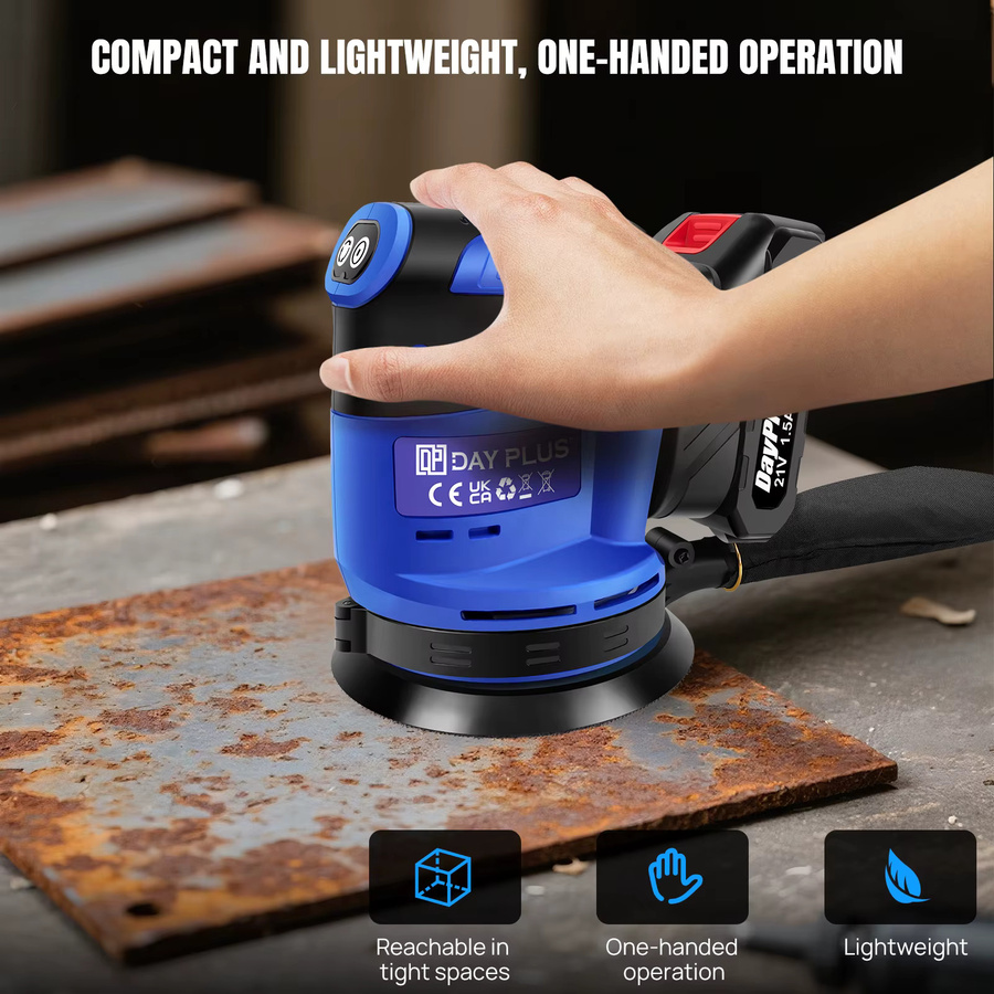 21V Akku-Exzenterschleifer in Blau mit 190W Leistung, 3-stufig einstellbar und 11000 OPM max., inklusive Staubbeutel und 12 Schleifpapierblättern für Holz, Metall und Farbe - Bild 6