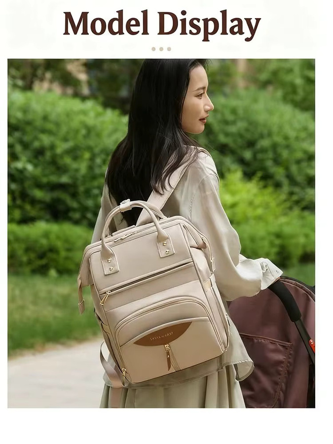 Wasserdichter Mama-Rucksack mit großer Kapazität und unabhängiger Milchaufbewahrung als Wickeltasche und Kinderwagen-Organizer in Schwarz oder Beige - Bild 4