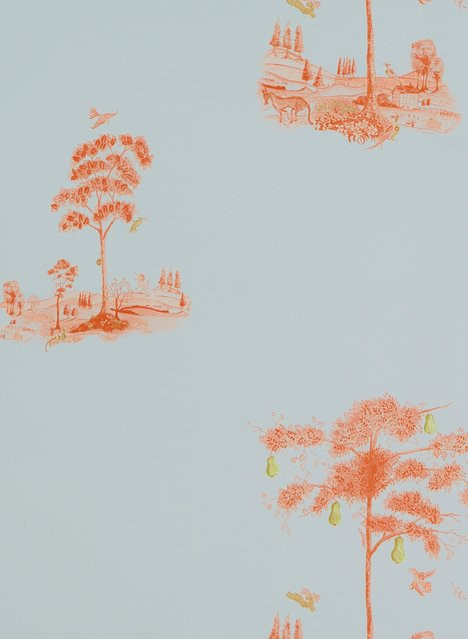 Andrew Martin Tapete Pear Tree in Sunset Orange im Toile-de-Jouy Stil - Bild 1