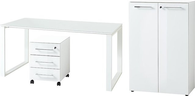3-tlg Büro-Set MUENCHEN von Kadima Design in Weiß mit Schreibtisch, Schrank und Container sowie Glasfront für dein Büro oder Home Office - Bild 1