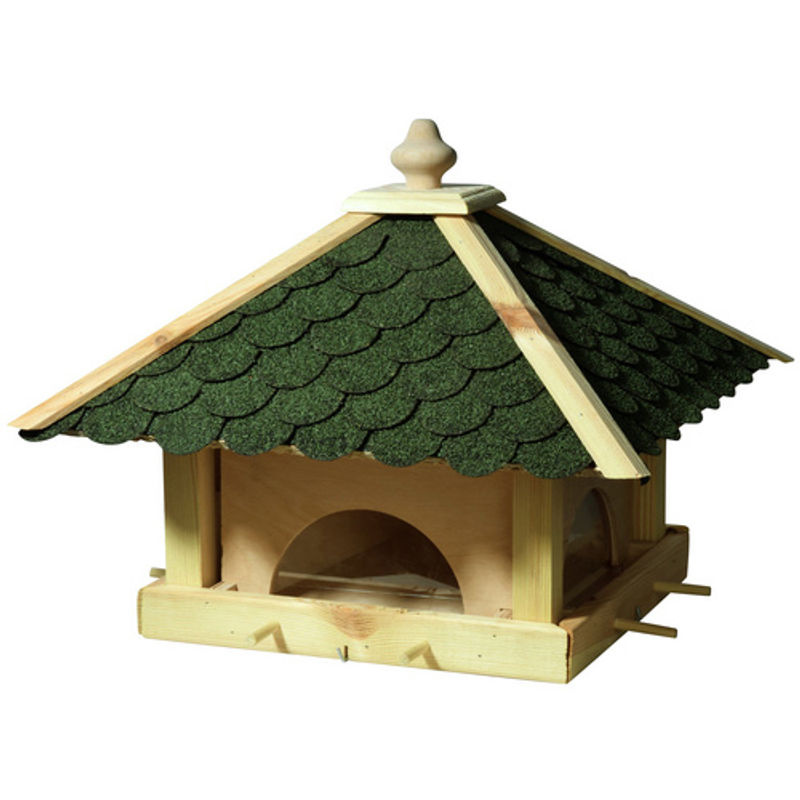 dobar Futterhaus für Wildvögel aus Kiefernholz mit grünen Bitumenschindeln, Anflugstangen und 4 Futterbehältern in Natur/Grün-Beige - Bild 3
