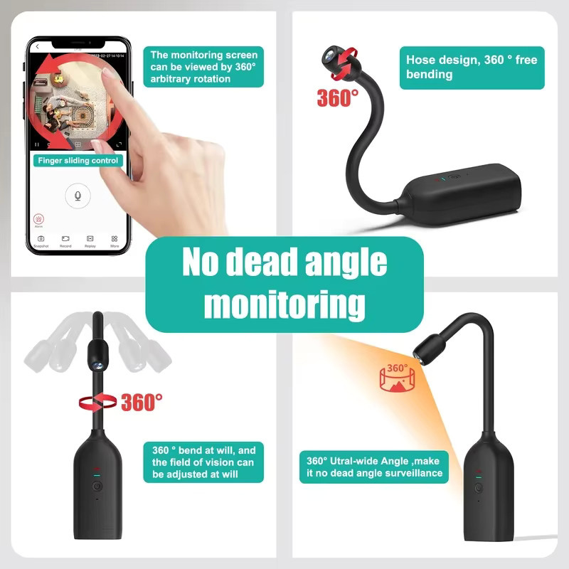 POVCAN QJ700 Mini-WLAN-Kamera in Schwarz mit HD 1080P, flexiblem Objektivkabel, Bewegungserkennung und 2-Wege-Gespräch sowie USB-C-Ladefunktion - Bild 4