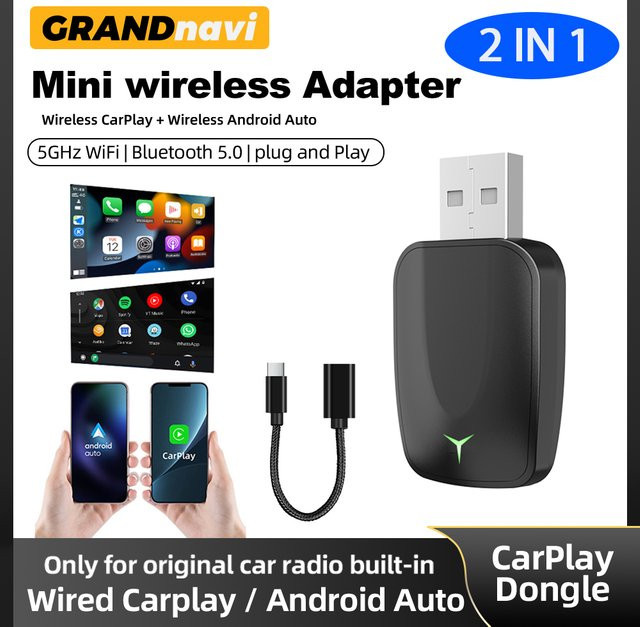 Grandnavi 2-in-1 Wireless Adapter für CarPlay und Android Auto, USB Plug-and-Play, Schwarz - Bild 1