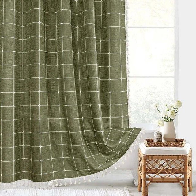 WHQ Home Decoration Jacquard-Duschvorhang aus Leinen und Polyester mit Quasten in Grün, wasserdicht und blickdicht, nordisches Design, B: 180 cm, H: 180 cm - Bild 1