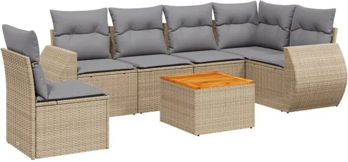 7-tlg. Garten-Sofagarnitur mit Kissen aus Polyrattan und Akazie in Beige und Grau von VIDAXL - Bild 1