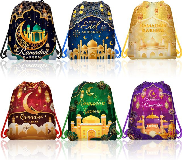 Eid Mubarak Vlies Geschenkbeutel mit Kordelzug für Ramadan und muslimische Feierlichkeiten in Lila und Mehrfarbig (5 oder 10 Stück) - Bild 1