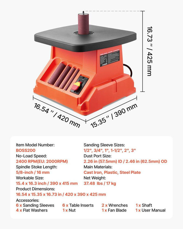 Oszillierender Tisch-Spindelschleifer von Buying Solutions, MB in Orange mit 2000 U/min, 16 mm Hub und Arbeitstisch Breite: 39,0 cm, Tiefe: 42,5 cm, Höhe: 42,0 cm sowie 6 Schleifhülsen - Bild 4