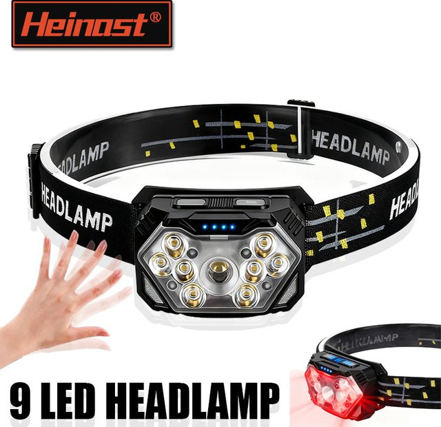 Heinast Ultraheller LED-Stirnlampe mit rotem Licht und Bewegungssensor, wiederaufladbar via USB, Schwarz-Rot - Bild 1