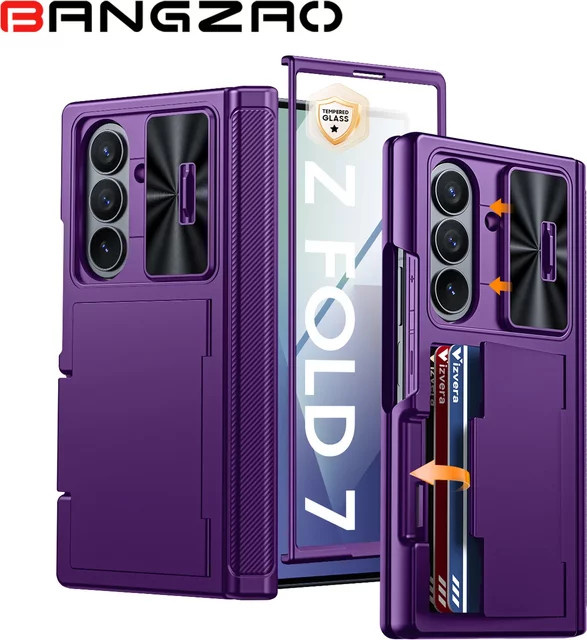 BANGZAO Stoßfeste Hülle für Galaxy Z Fold 7 mit Kartenhalter, Schiebe-Kameraabdeckung und RFID-Blockierung in Lila - Bild 1