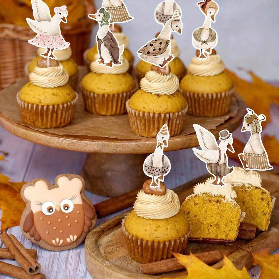 24 Stück Partism Cupcake-Topper im Vintage-Stil mit Bambus-Sticks, Cartoon-Motiv Ackerland-Gans, Kuchendekoration für Geburtstag, Mehrfarbig - Bild 3