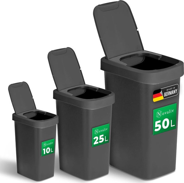 Novaliv Mülleimer-Set aus Kunststoff mit 2in1 Klapp- und Schwingdeckel sowie Geruchsfilter, Grau, 10L + 25L + 50L - Bild 1