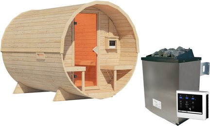 KARIBU Fasssauna Lauvas 2 in Braun mit 9 kW Ofen und externer Steuerung, B/L/H: 224 x 299 x 229 cm - Bild 1