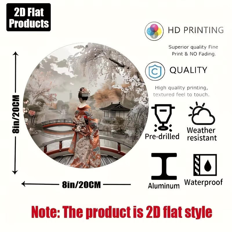 Potdemiel Vintage Japanische Kimono-Frau Wandkunst aus Metall, Rundes Metallschild mit traditioneller asiatischer Szene und Blumenmuster, Durchmesser: 20,3 cm, Mehrfarbig - Bild 3