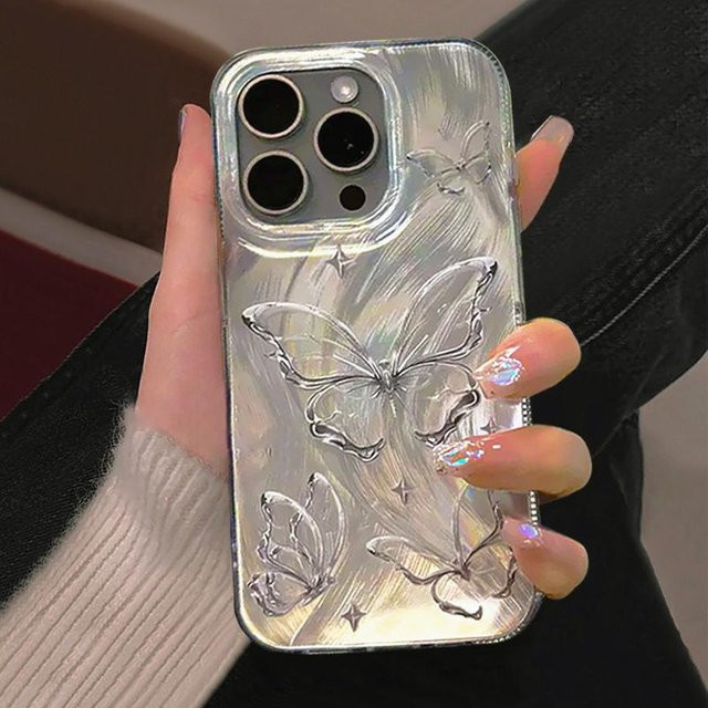 Stoßfeste iPhone Handyhülle mit Schmetterling Laser Glitzer Design und Linsenschutz in Grau für Apple iPhone 11 12 13 14 15 16 Pro Max Plus - Bild 1