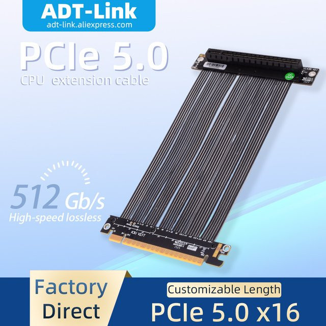 ADT-Link GPU-Verlängerungskabel PCIe 5.0 Gen5 x16 Riser-Adapter K33UR-BK Schwarz 512 Gbit/s High Speed für NVIDIA RTX50 und AMD RX90xx Server - Bild 1