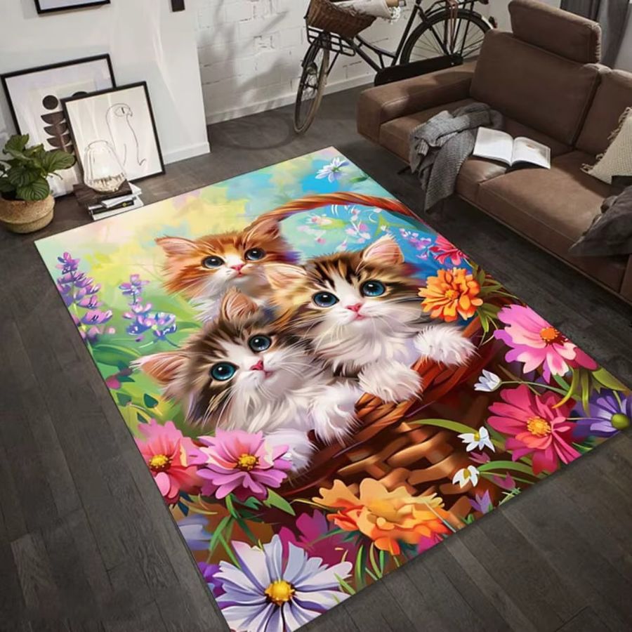 VIKAMA Druckteppich mit floralem Katzenmuster in Multicolor, rutschfeste dekorative Bodenmatte für Wohnzimmer, Schlafzimmer und Kinderspielbereiche - Bild 5