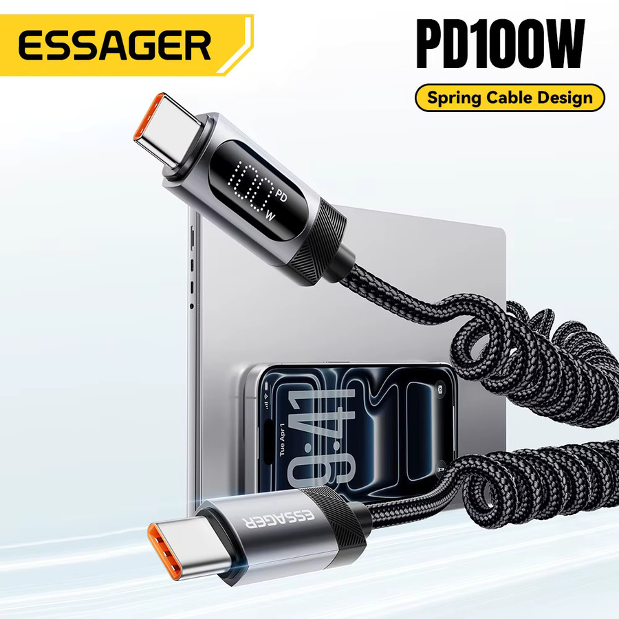 Essager Typ-C-zu-Typ-C-Schnellladekabel mit LED-Display, PD 100W, spiralförmiges Datenkabel für Xiaomi und Samsung, Schwarz oder Grau - Bild 4