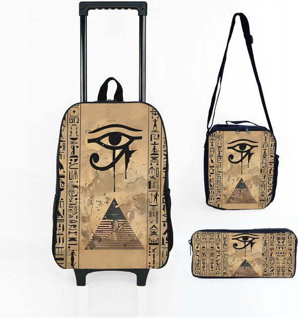 BAOERYE Schultrolley-Set mit ägyptischem Hieroglyphen-Aufdruck in Braun und Beige inklusive Rucksack, Lunchbox und Stifttasche - Bild 1