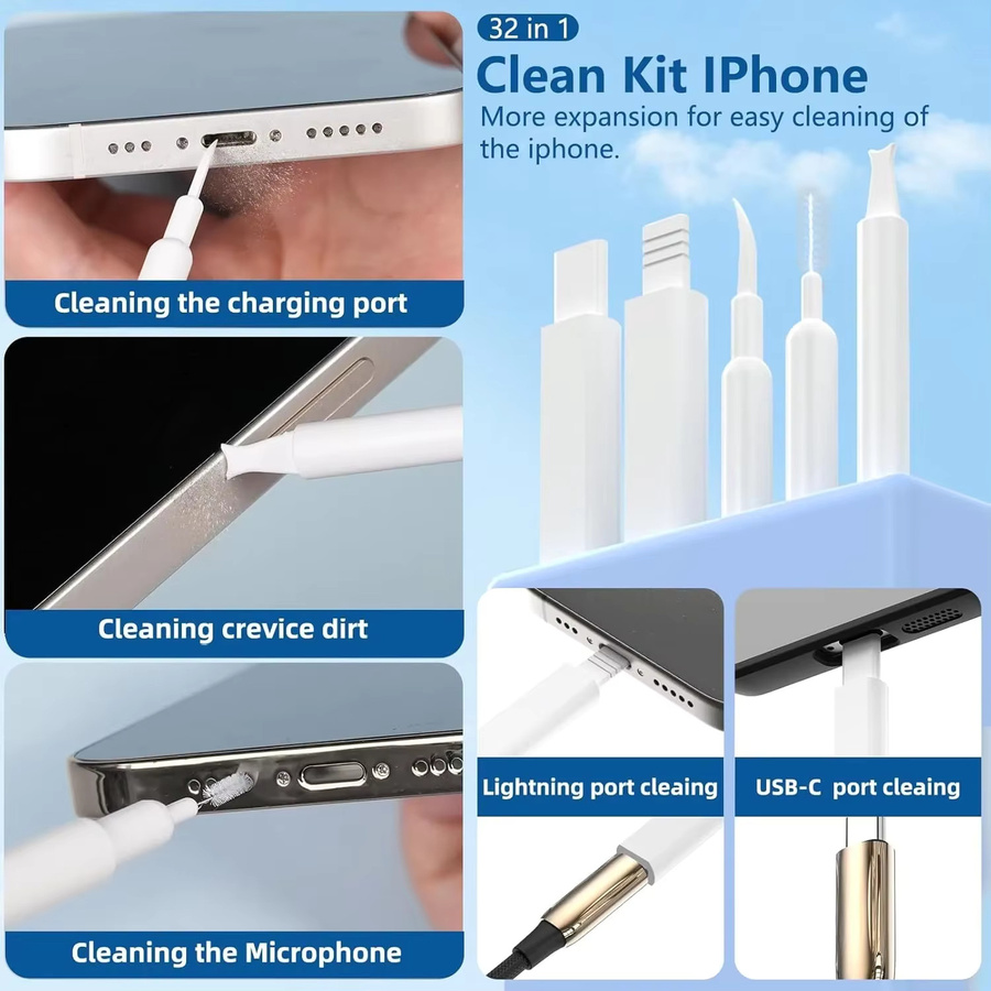 20/32-in-1 Multifunktions-Tiefenreinigungsset für iPhone-Anschlüsse, AirPods und Tastaturen in Blau und Weiß mit Präzisionswerkzeugen und Tastenkappenentferner - Bild 2