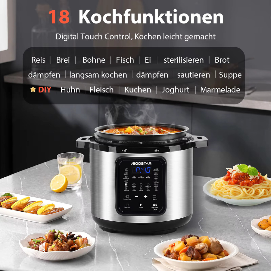 Aigostar 18-in-1 Multikocher Schnellkochtopf in Silber aus Edelstahl mit 6l Volumen, 1000 W und digitalem Touchscreen - Bild 3