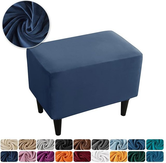 Elastischer Fußhockerbezug aus Samt von Yiran Furniture in Navy Blau, B/T/H: 55 x 35 x 20 cm - Bild 1