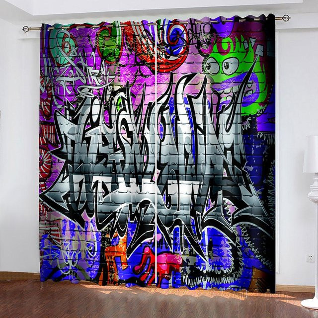 Abstrakter Graffiti Vorhang mit 3D-Digitaldruck von Super Six, halbtransparentes Fensterdekor für Wohnzimmer und Schlafzimmer, Mehrfarbig, Breite: 208 cm, Höhe: 208 cm - Bild 1