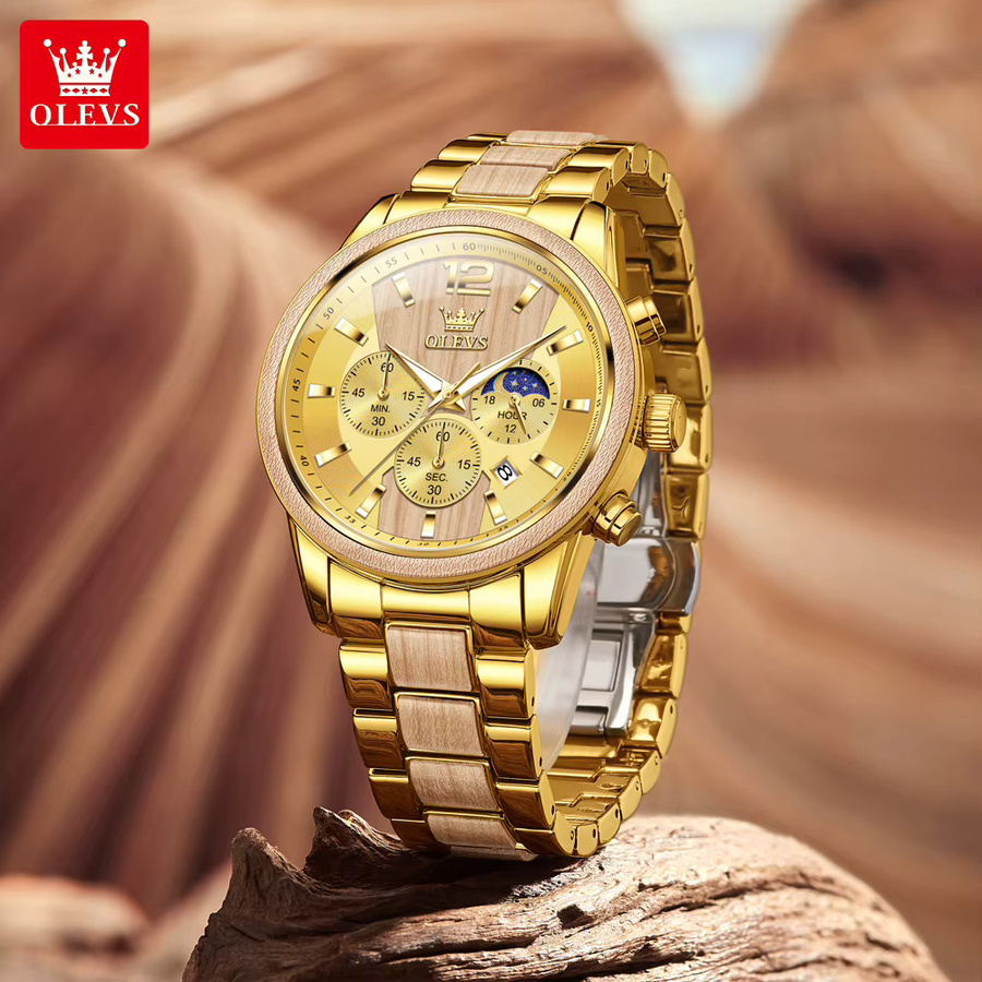 OLEVS Armbanduhr Quarz, Holz, Chronograph, Gold, Herren - Bild 3