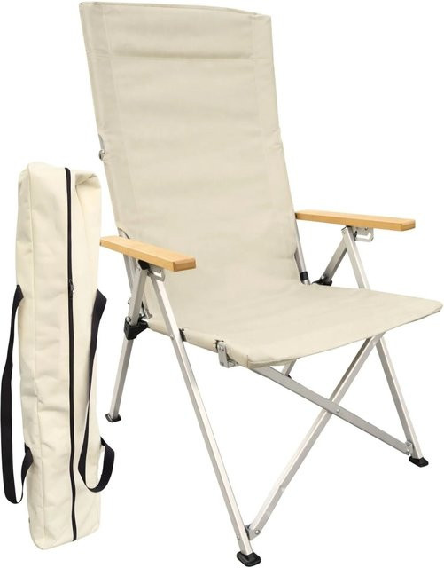 Osoltus Faltsessel Campingstuhl beige mit Holzlehne und Aluminiumgestell, verstellbar mit Staufach - Bild 1