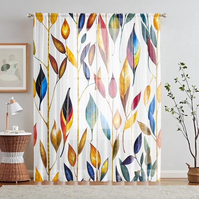 2er-Set semi-transparente Fensterraffgardinen mit botanischem Blatt-Print in Multicolour, moderner Stil für Wohnzimmer und Schlafzimmer, B: 132 cm, H: 160 cm - Bild 1