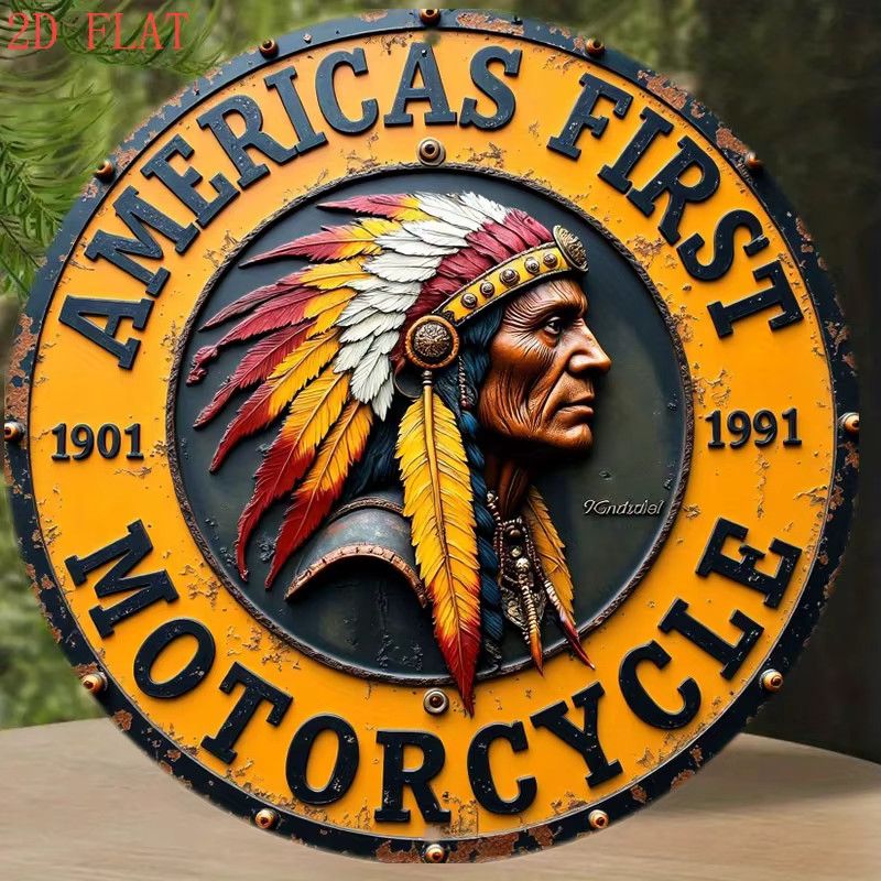 Potdemiel Metallwandkunst Native American Chief mit Motorrad Western-Motiv, rund, Durchmesser: 20,3 cm, Multicolor - Bild 4