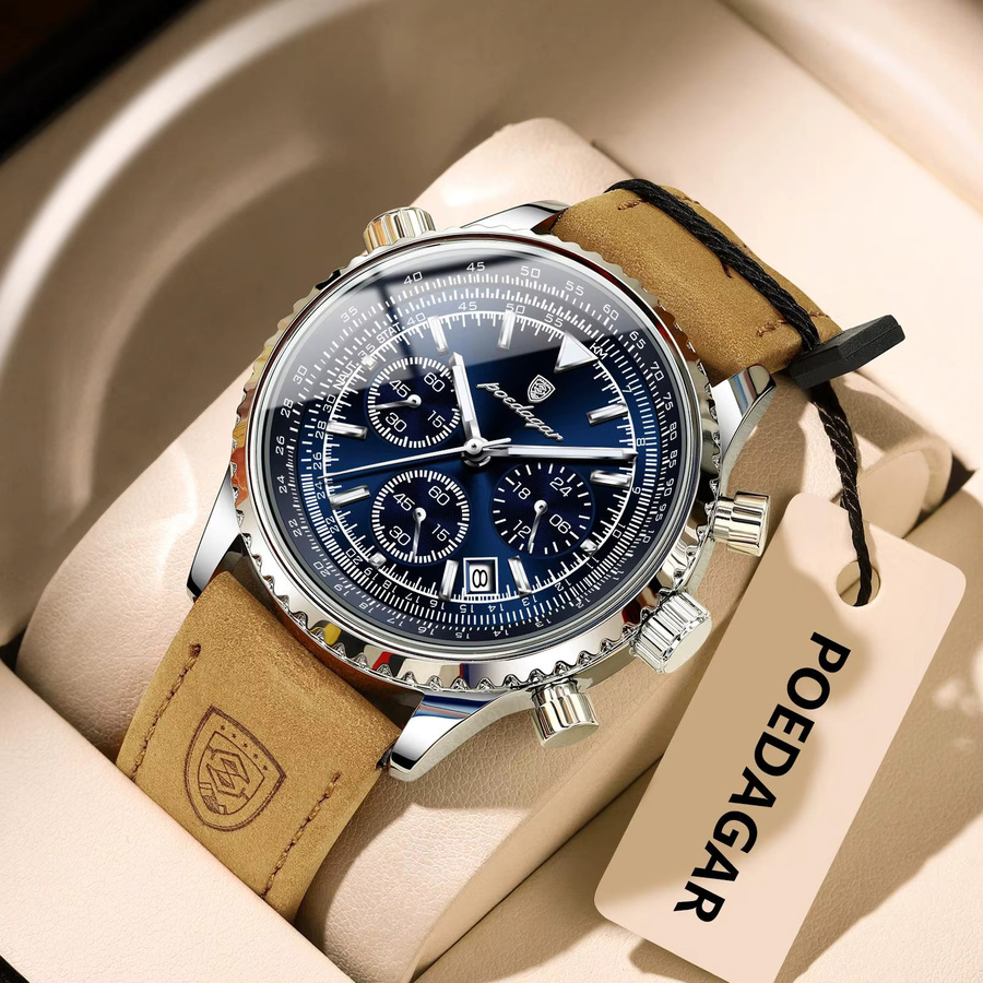 POEDAGAR Chronograph, Quarz, Leder, Blau, Herren - Bild 2