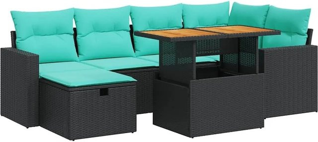 vidaXL 7-teilige Garten-Sofagarnitur aus Polyrattan und Akazie in Braun mit Kissen und Couchtisch - Bild 1