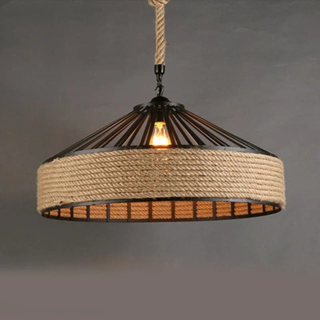 JOYINLED Retro Industrielle Hanfseil LED Deckenleuchte, Runde Hängeleuchte aus Metall in Schwarz und Braun, Durchmesser: 30 cm - Bild 1