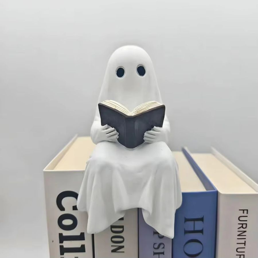 Niedliche Halloween-Geiststatue aus Kunstharz in Reinweiß als Deko-Figur für Bücherregale und Heimdekoration - Bild 2