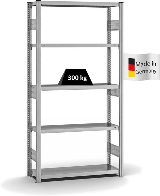 PROREGAL Fachbodenregal Stecksystem T-Profil Heavy-Duty Grundregal, Farbe: Silber, H x B x T: 200 x 100 x 30 cm, 5 Ebenen, Fachlast 300 kg, beidseitig nutzbar, verzinkt - Bild 1