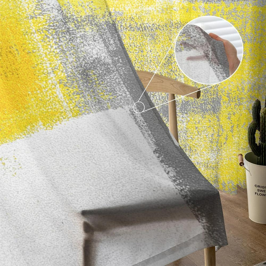 Yiran Furniture Transparente Tüll Vorhänge mit abstraktem geometrischem Ölgemälde-Design in Gelb und Grau, Breite: 135 cm, Höhe: 115 cm - Bild 2