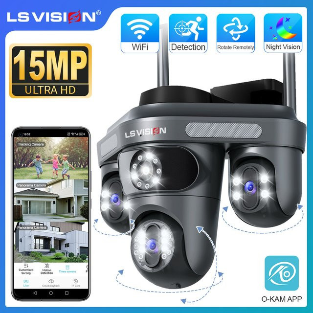 LS VISION 15MP WiFi IP Outdoor Überwachungskamera mit drei Objektiven, PTZ, 2-Wege-Audio und Auto-Tracking in Schwarz - Bild 1
