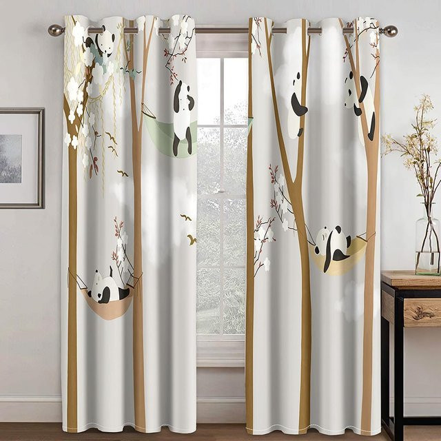 Super Six Panda Vorhänge mit Bambusblatt-Illustration für Kinderzimmer, Weiß, B: 100 cm, H: 160 cm - Bild 1