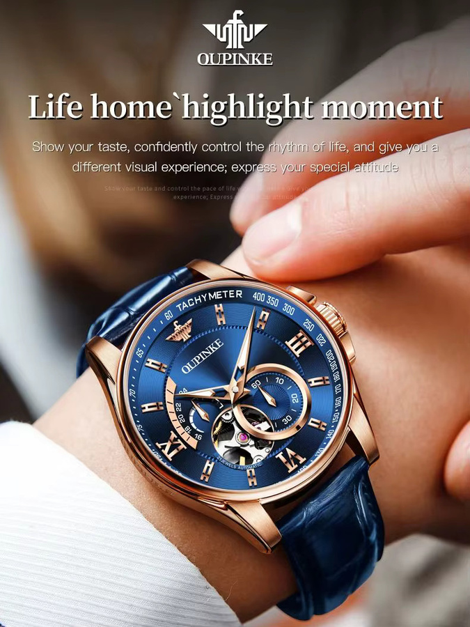 OUPINKE Automatikuhr, Herren, Leder, Blau, Roségold, Bicolor - Bild 7