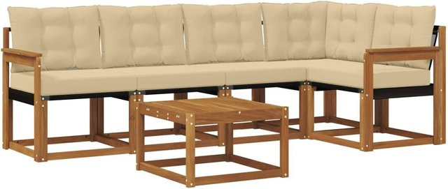 vidaXL Outdoor-Sofagarnitur 6-teilig aus Akazienholz und Textilene in Natur-Beige mit Kissen und Armlehnen - Bild 1